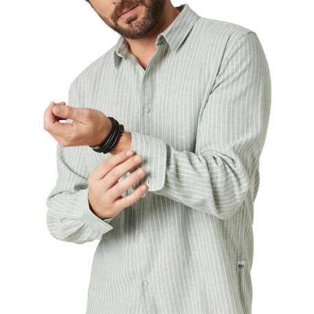 Chemise en coton et lin mélangé tilleul à rayures coupe droite col français - Image 4