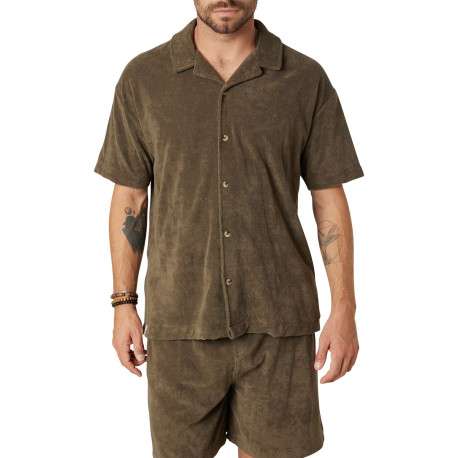 Chemise en coton mélangé kaki unie pourvue d'une coupe droite