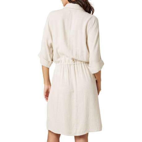 Robe mi-longue beige unie pourvue d'une coupe cintrée et d'un col chemise - Image 2