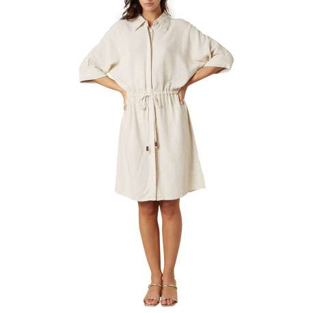Robe mi-longue beige unie pourvue d'une coupe cintrée et d'un col chemise - Image 3