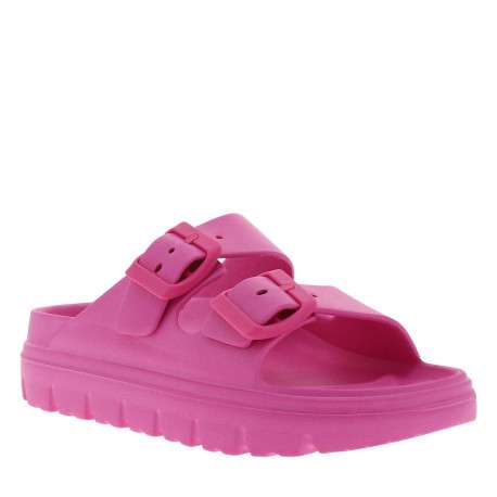 Mules fuchsia à talon plat avec des boucles à ardillon ton sur ton - Image 3