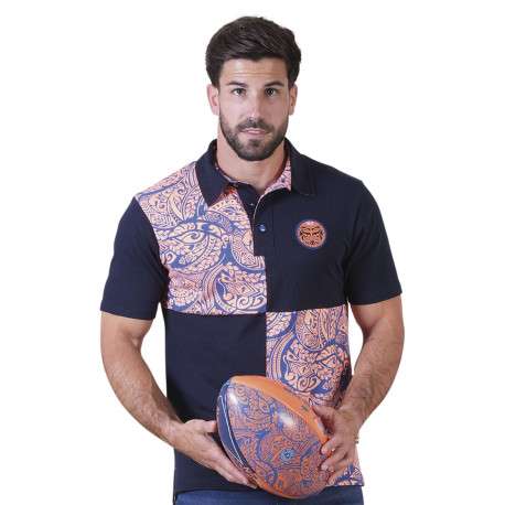 Polo en coton biologique marine à motifs pourvu d'un col boutonné