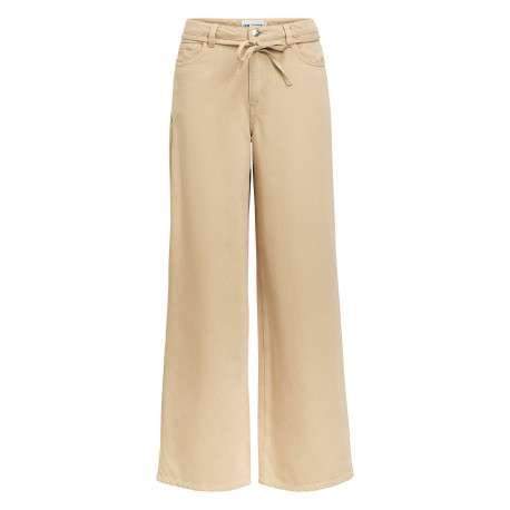 Jean beige uni pourvu d'une coupe bootcut et d'un lien à nouer à la taille