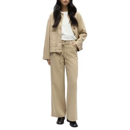 Jean beige uni pourvu d'une coupe bootcut et d'un lien à nouer à la taille - Image 3