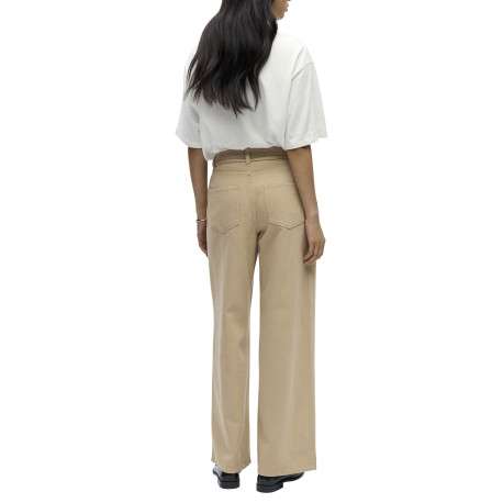 Jean beige uni pourvu d'une coupe bootcut et d'un lien à nouer à la taille - Image 4
