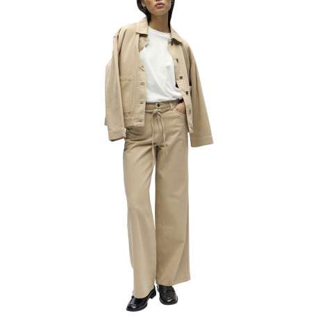 Jean beige uni pourvu d'une coupe bootcut et d'un lien à nouer à la taille - Image 5