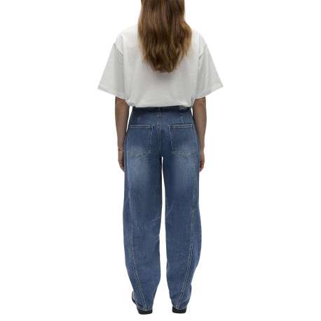 Jean en coton mélangé bleu uni pourvu d'une coupe bootcut et de multiples poches - Image 3