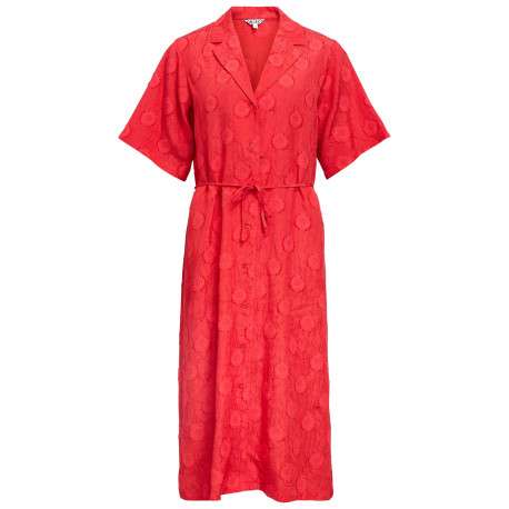 Robe chemise longue rouge unie pourvue d'une coupe cintrée et d'un col à revers
