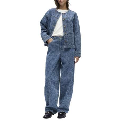 Blouson en jean indigo uni pourvu d'une coupe droite et d'un col rond - Image 2