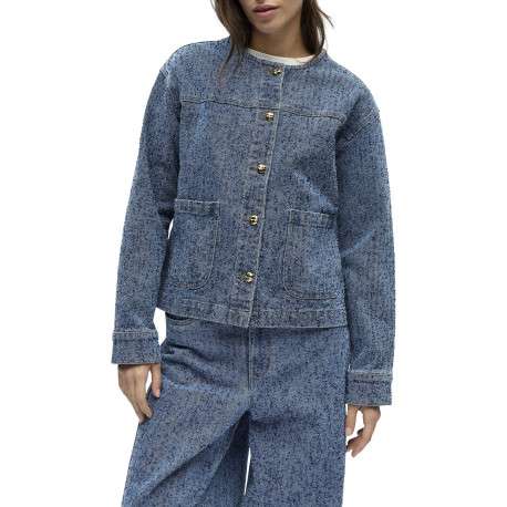Blouson en jean indigo uni pourvu d'une coupe droite et d'un col rond - Image 4