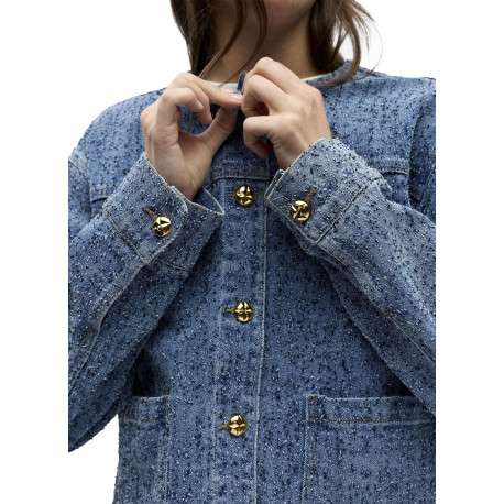 Blouson en jean indigo uni pourvu d'une coupe droite et d'un col rond - Image 5