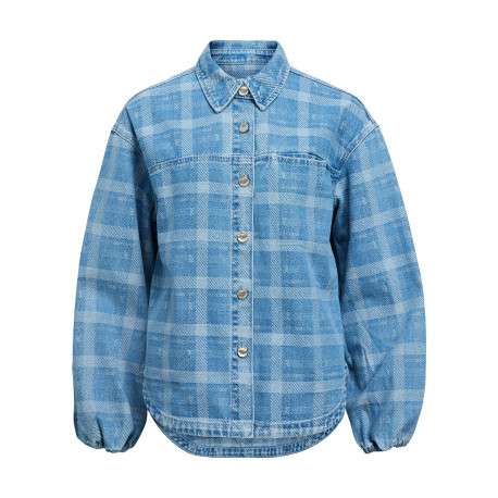 Blouson en jean en coton mélangé bleu vichy pourvu d'un col chemise