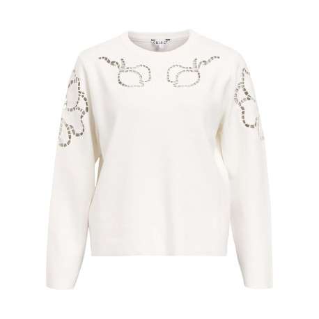 Sweat blanc uni pourvu de détails en maille ajourée et d'un col rond