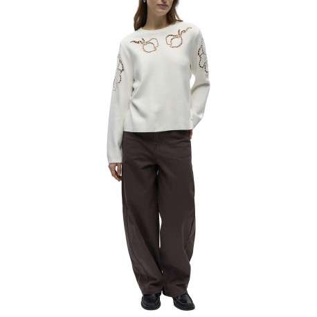 Sweat blanc uni pourvu de détails en maille ajourée et d'un col rond - Image 2