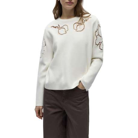 Sweat blanc uni pourvu de détails en maille ajourée et d'un col rond - Image 3