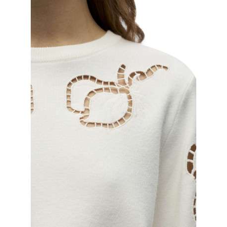 Sweat blanc uni pourvu de détails en maille ajourée et d'un col rond - Image 4
