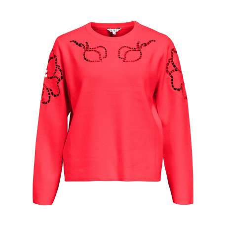 Sweat rouge uni pourvu de détails en maille ajourée et d'un col rond