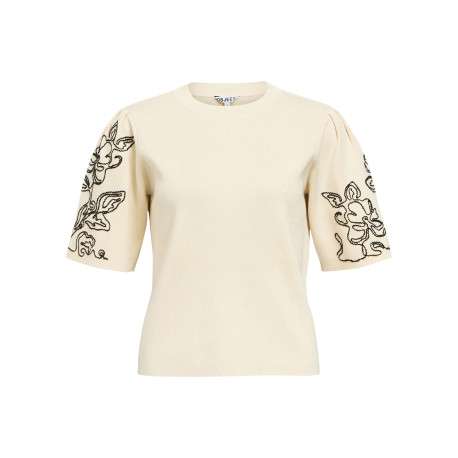 Pull beige uni pourvu d'une coupe droite et de manches courtes