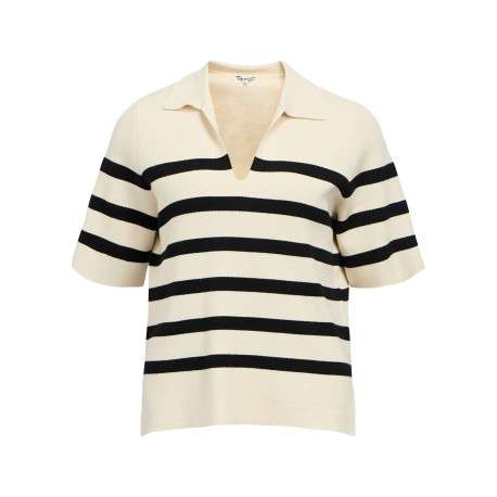 Pull écru à rayures pourvu d'un col v et de manches courtes