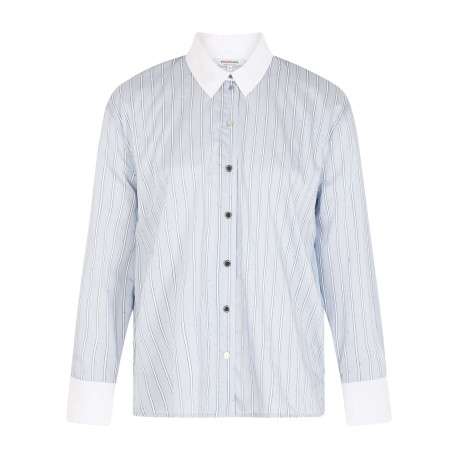 Chemisier bleu à rayures avec une coupe droite et un col à revers