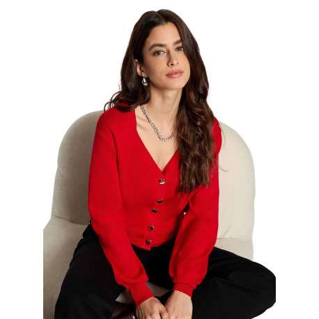Gilet rouge uni avec une coupe droite et des manches longues - Image 4