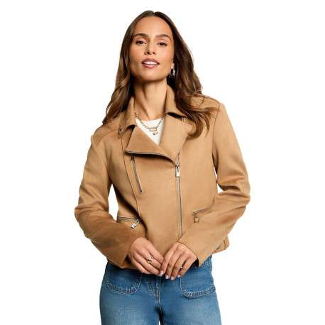 Veste perfecto beige unie avec une coupe droite et un col à revers - Image 3