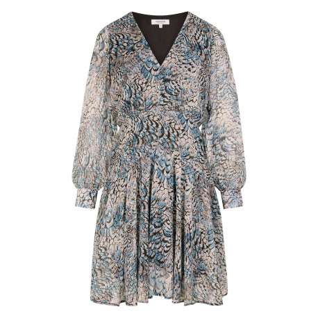 Robe courte bleue animalier avec une coupe cintrée et un col V avec boutons