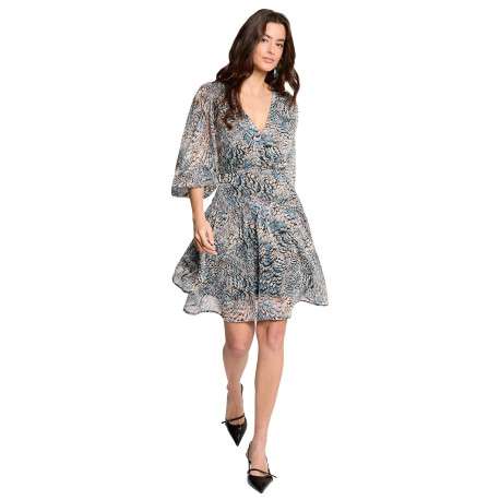 Robe courte bleue animalier avec une coupe cintrée et un col V avec boutons - Image 2