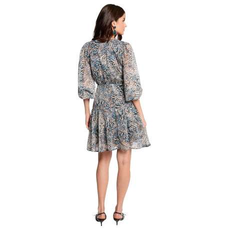 Robe courte bleue animalier avec une coupe cintrée et un col V avec boutons - Image 3