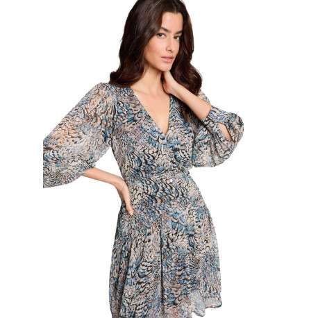 Robe courte bleue animalier avec une coupe cintrée et un col V avec boutons - Image 4