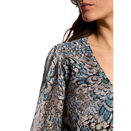 Robe courte bleue animalier avec une coupe cintrée et un col V avec boutons - Image 5