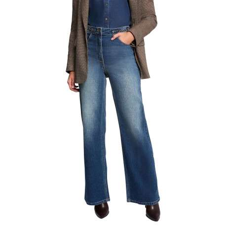 Jean en coton stone uni avec une coupe flare à zip et à bouton - Image 2
