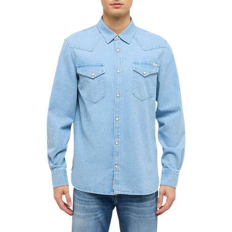 Chemise en jean en coton bleue unie avec une coupe droite et un col français - Image 3