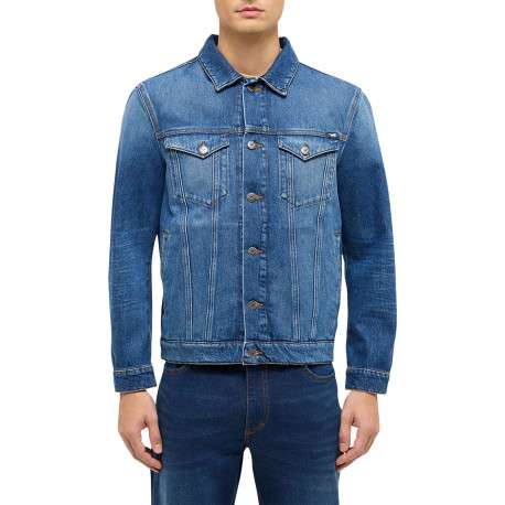 Blouson en jean en coton bleu délavé avec une coupe droite et 2 poches - Image 3