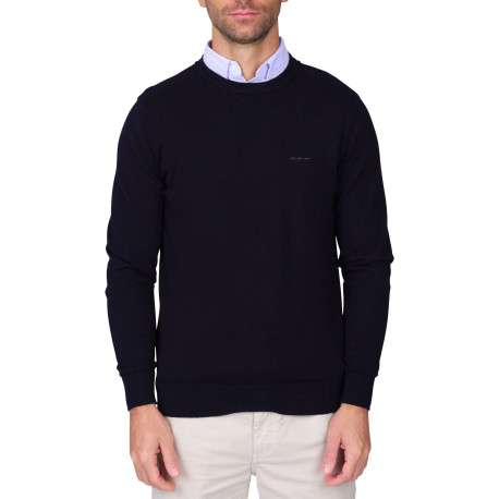 Pull en coton biologique marine uni avec une coupe droite et un col polo