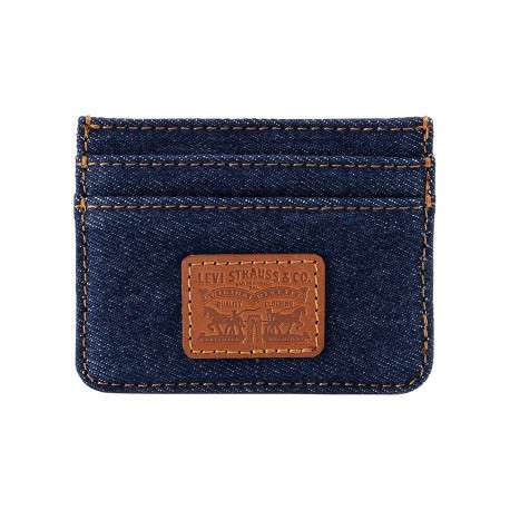 Porte-cartes en coton marine pourvu d'un patch embossé au nom de la marque