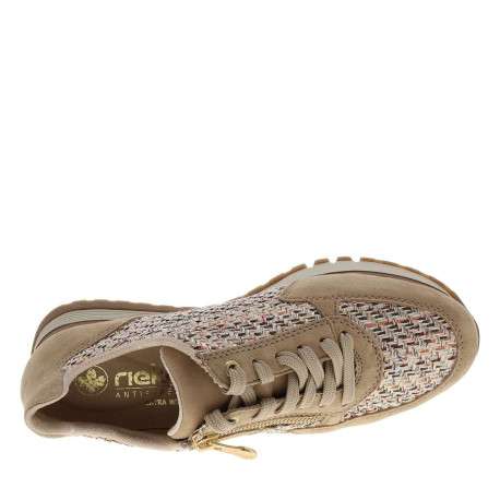 Baskets en cuir beiges à talon compensé bas avec des lacets et un zip latéral - Image 4