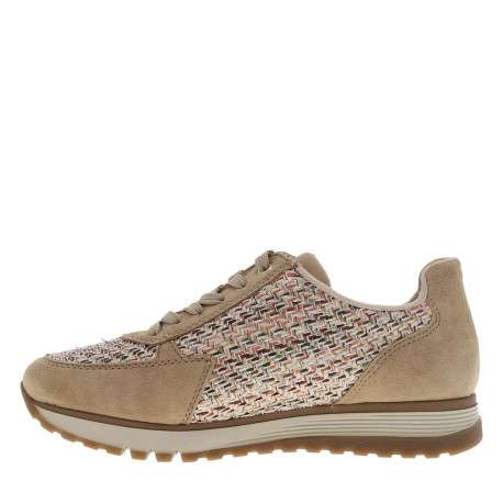 Baskets en cuir beiges à talon compensé bas avec des lacets et un zip latéral