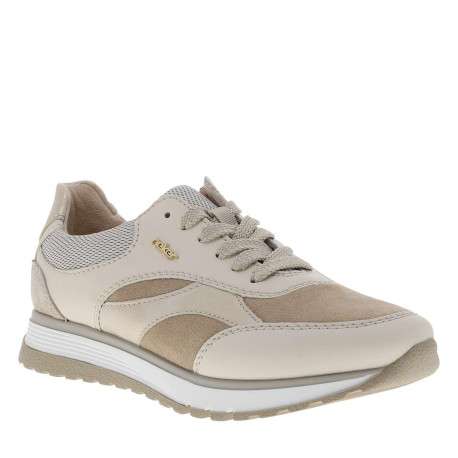 Baskets en cuir beiges à talon compensé bas avec des lacets et un zip latéral - Image 3