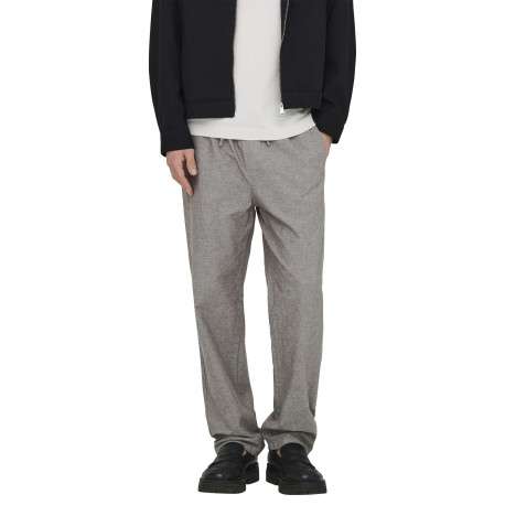 Pantalon en coton et lin mélangé taupe uni pourvu d'une coupe loose
