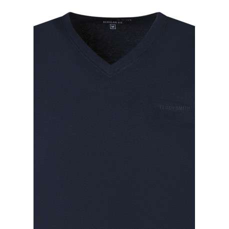 T-shirt en coton bleu foncé à coupe droite pourvu d'un col v - Image 3