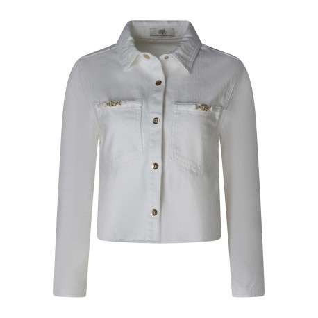 Blouson en jean en coton blanc uni pourvu d'une coupe droite et d'un col chemise