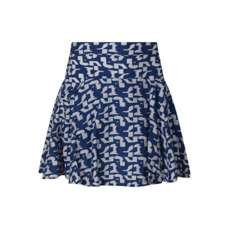 Jupe courte bleue et blanche géométrique pourvue d'une coupe évasée