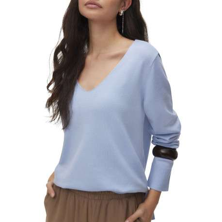 Pull bleu à coupe ajustée pourvu d'un col v et de manches longues