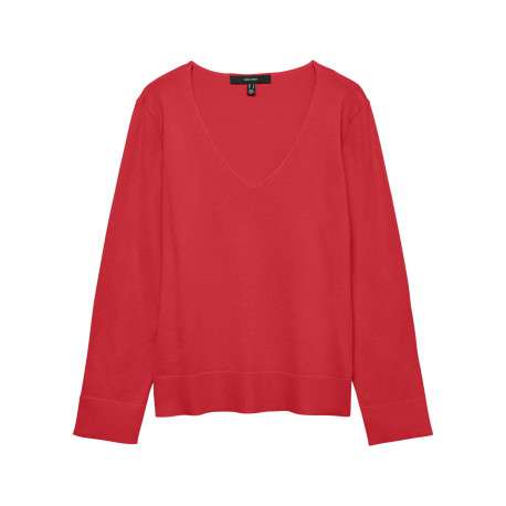 Pull rouge à coupe ajustée pourvu d'un col v et de manches longues
