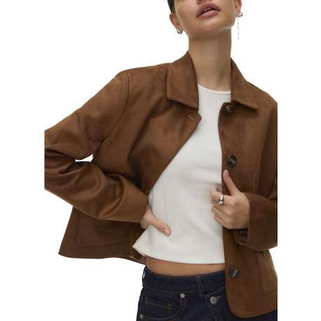Blouson marron à coupe droite effet daim pourvu d'un col à revers - Image 2