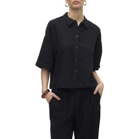 Chemise noire à coupe ajustée pourvu d'un col à revers et de manches 3/4 - Image 4