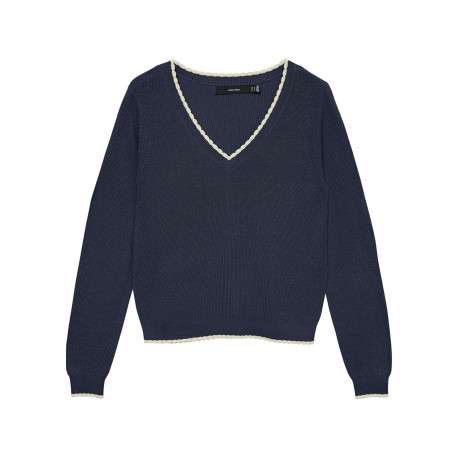 Pull marine à coupe droite pourvu d'un col v et de manches longues