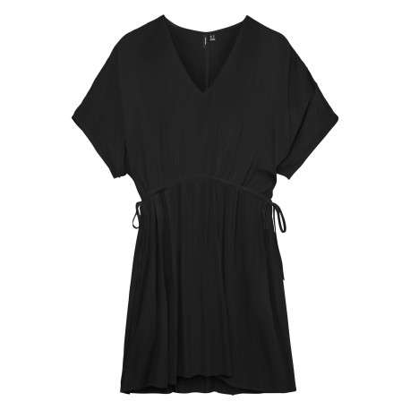 Robe courte noire à coupe droite pourvue d'un col v et de manches courtes