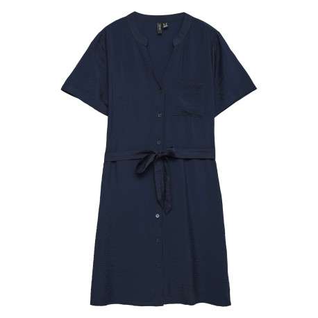Robe courte marine à coupe droite pourvue d'un col v et de manches courtes
